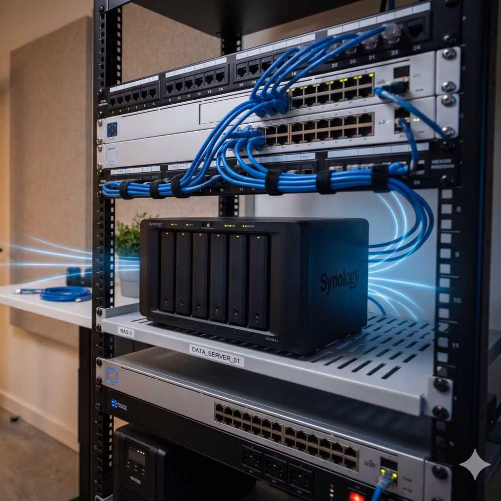 Hybrid Cloud Server Synology NAS Verknüpfung. Mit KI erstellt.