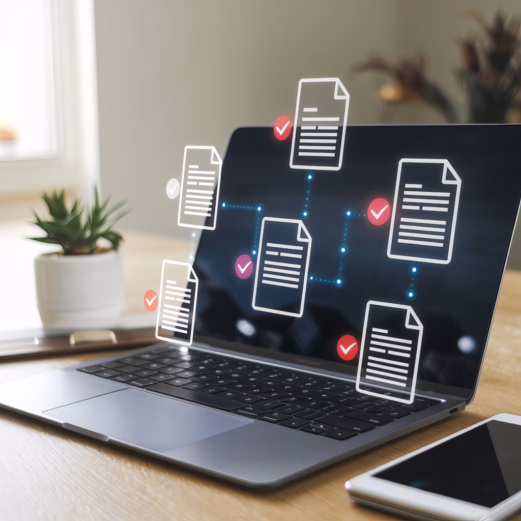 Laptop mit digital verknüpften Dokumenten